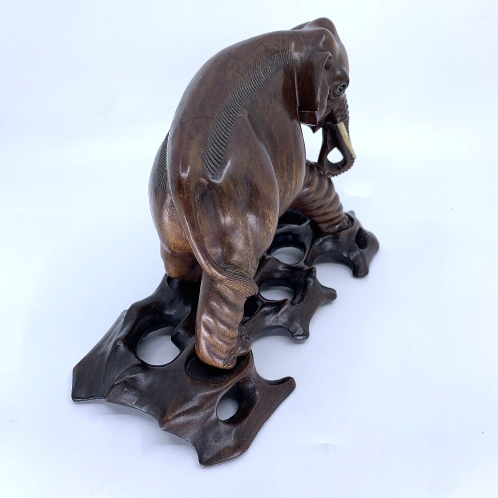 Vintage Thai Hand Carved Teak Wood Elephant Statue w Carved Base 6.5" Hard Wood - Picture 5 of 15